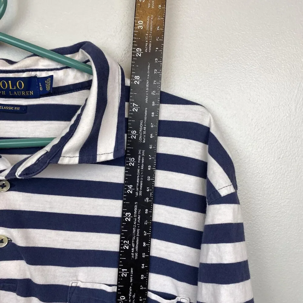 Polo Ralph Lauren Shirt Mens Large Blue White Striped Classic‎ Fit Pocket Pony